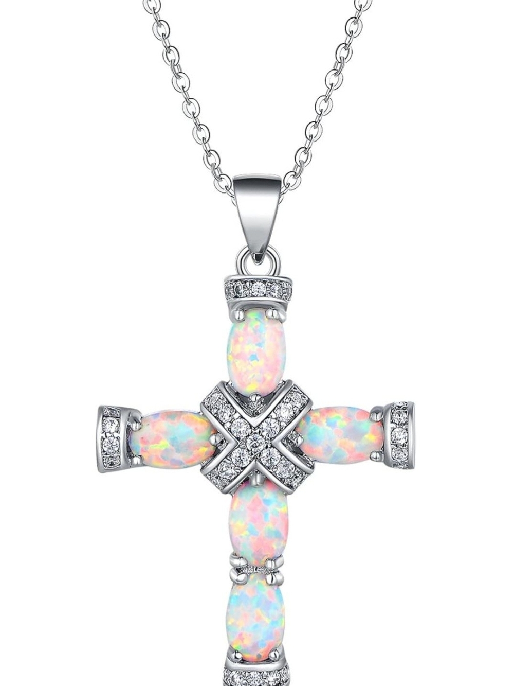 White Opal Cross Pendant Necklace by